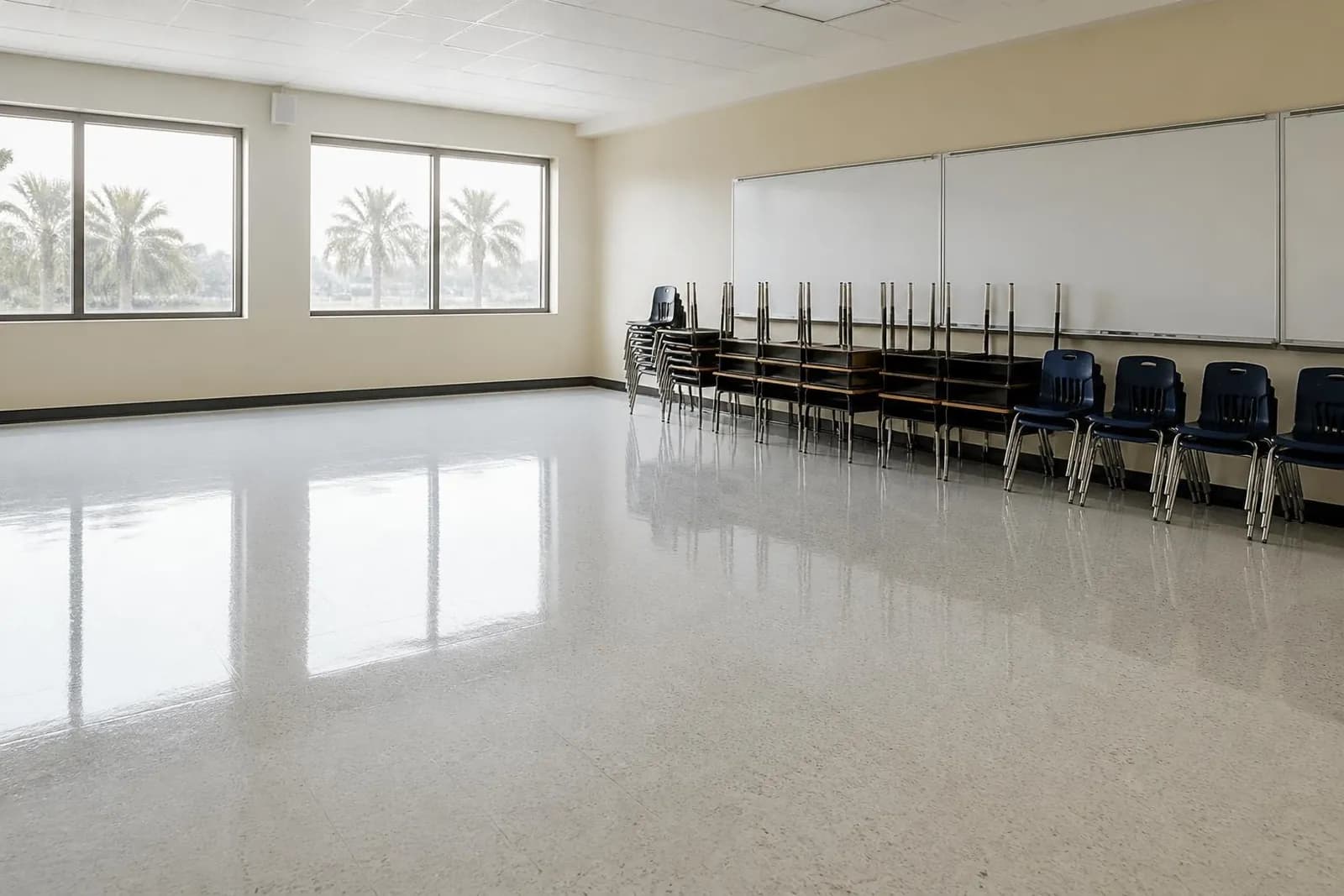 An empty classroom with desks and chairs stacked along the wall, blank whiteboards, and a freshly finished, glossy floor reflecting window light