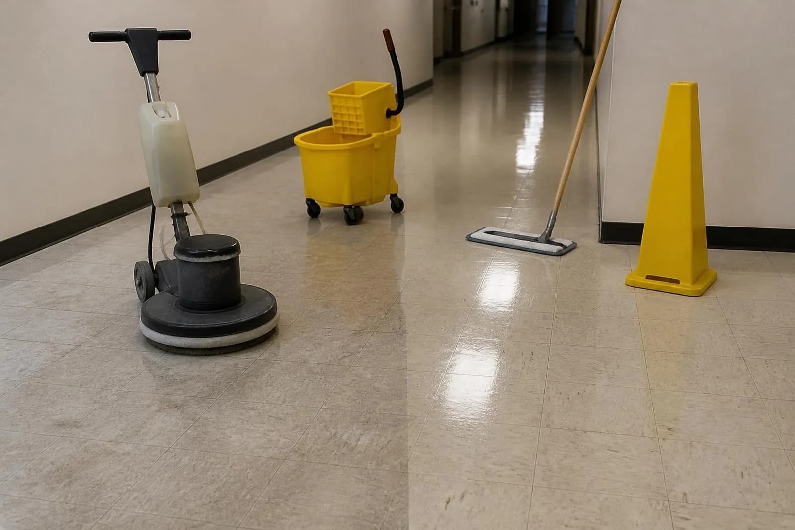 An unbranded floor machine, a yellow mop bucket, a flat mop, and a caution cone in an empty hallway where the vinyl tile floor is half dull and half freshly glossy