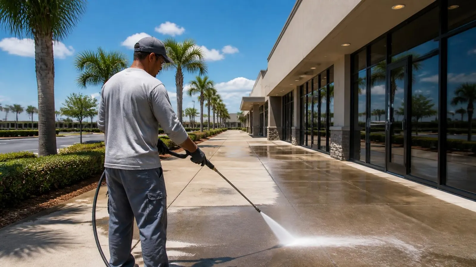 A worker pressure washing a concrete sidewalk in front of a commercial storefront on a sunny Central Florida day