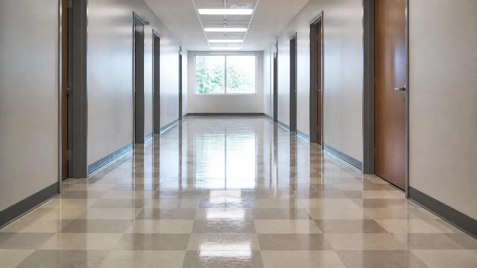 An empty commercial hallway with a freshly finished, glossy two-tone vinyl composition tile floor reflecting the ceiling lights