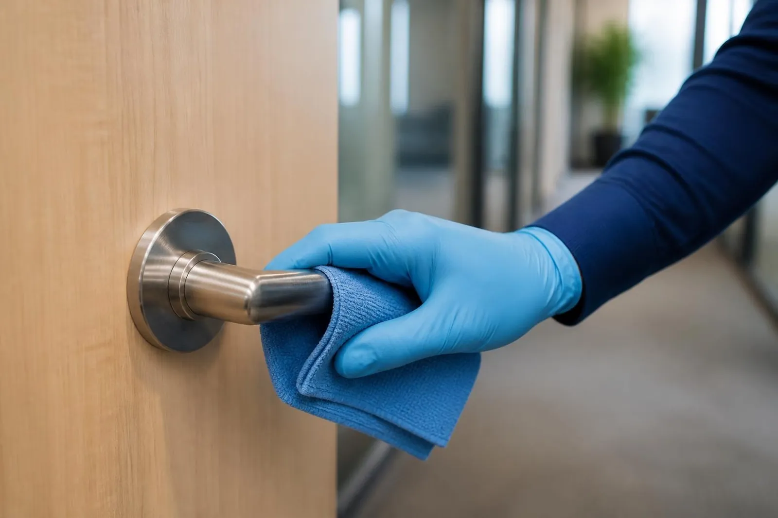 A gloved hand wiping a brushed-steel lever door handle on an office door with a blue microfiber cloth