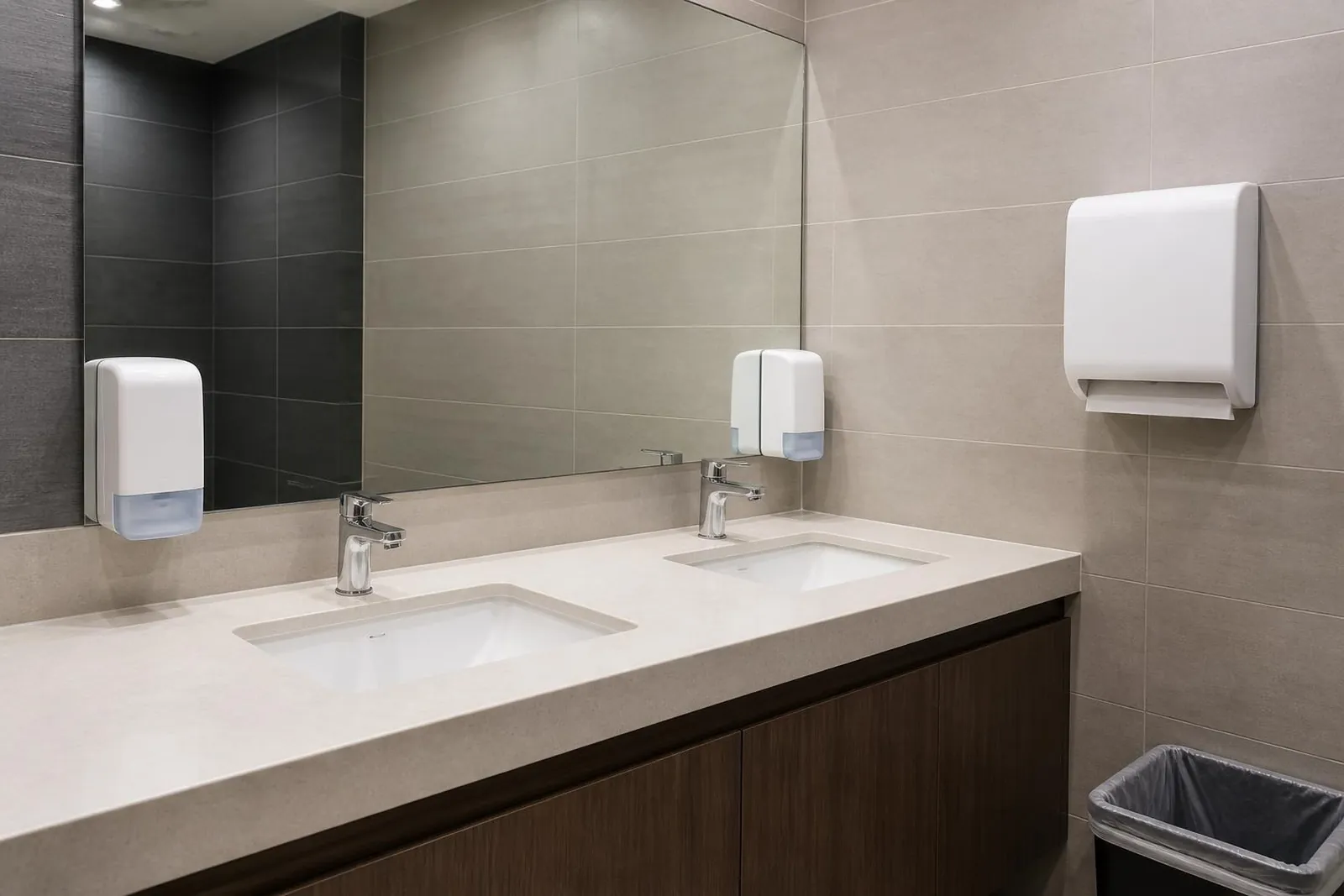 A clean, empty office restroom vanity with two sinks, chrome faucets, soap dispensers, a paper towel dispenser, and a lined waste bin