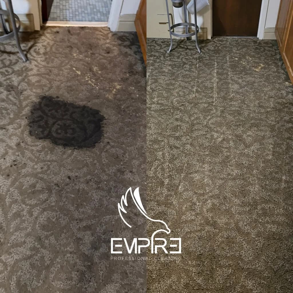 Before and after commercial carpet stain removal by Empire Clean