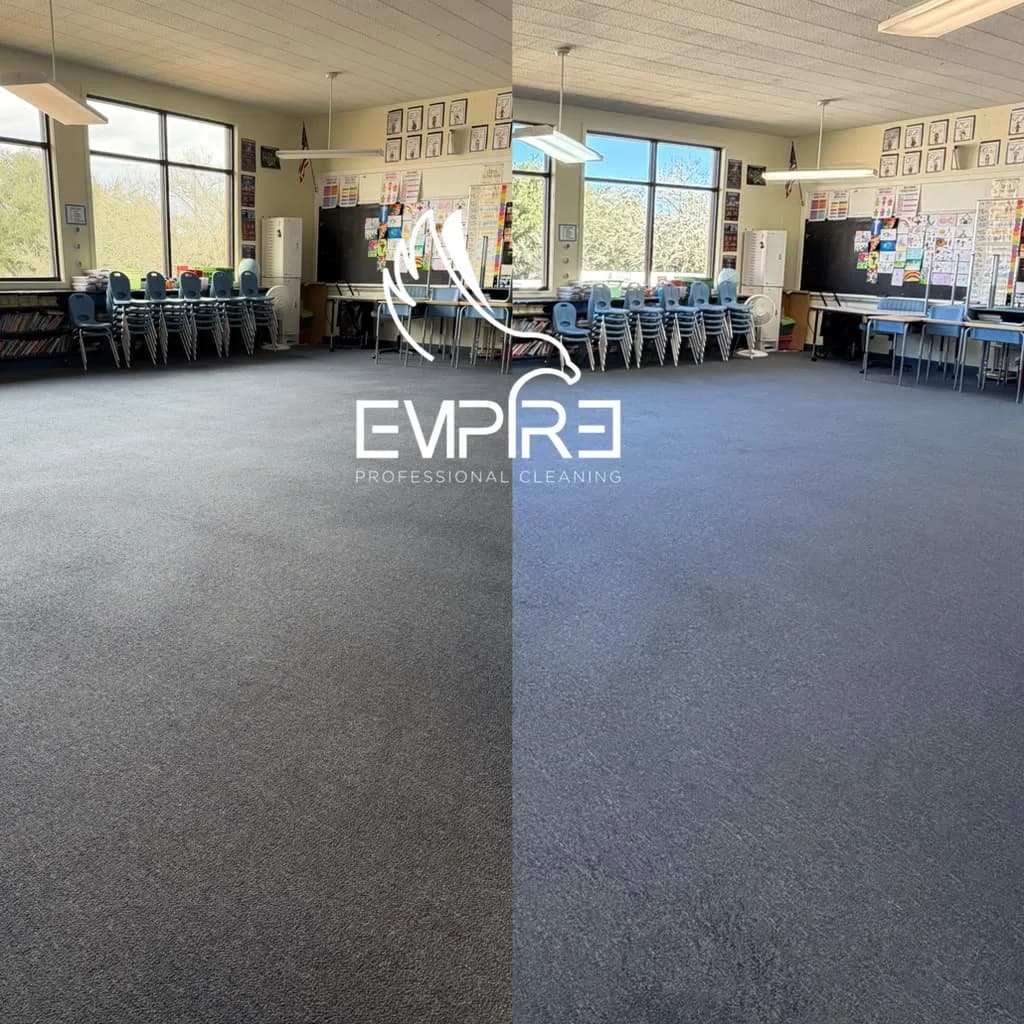 Before and after classroom carpet cleaning by Empire