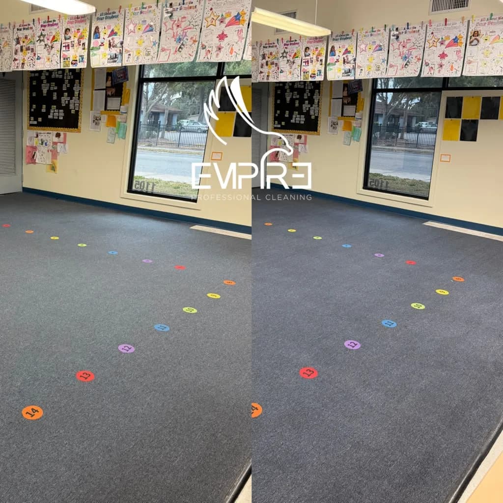 Before and after classroom carpet cleaning at a school by Empire Clean