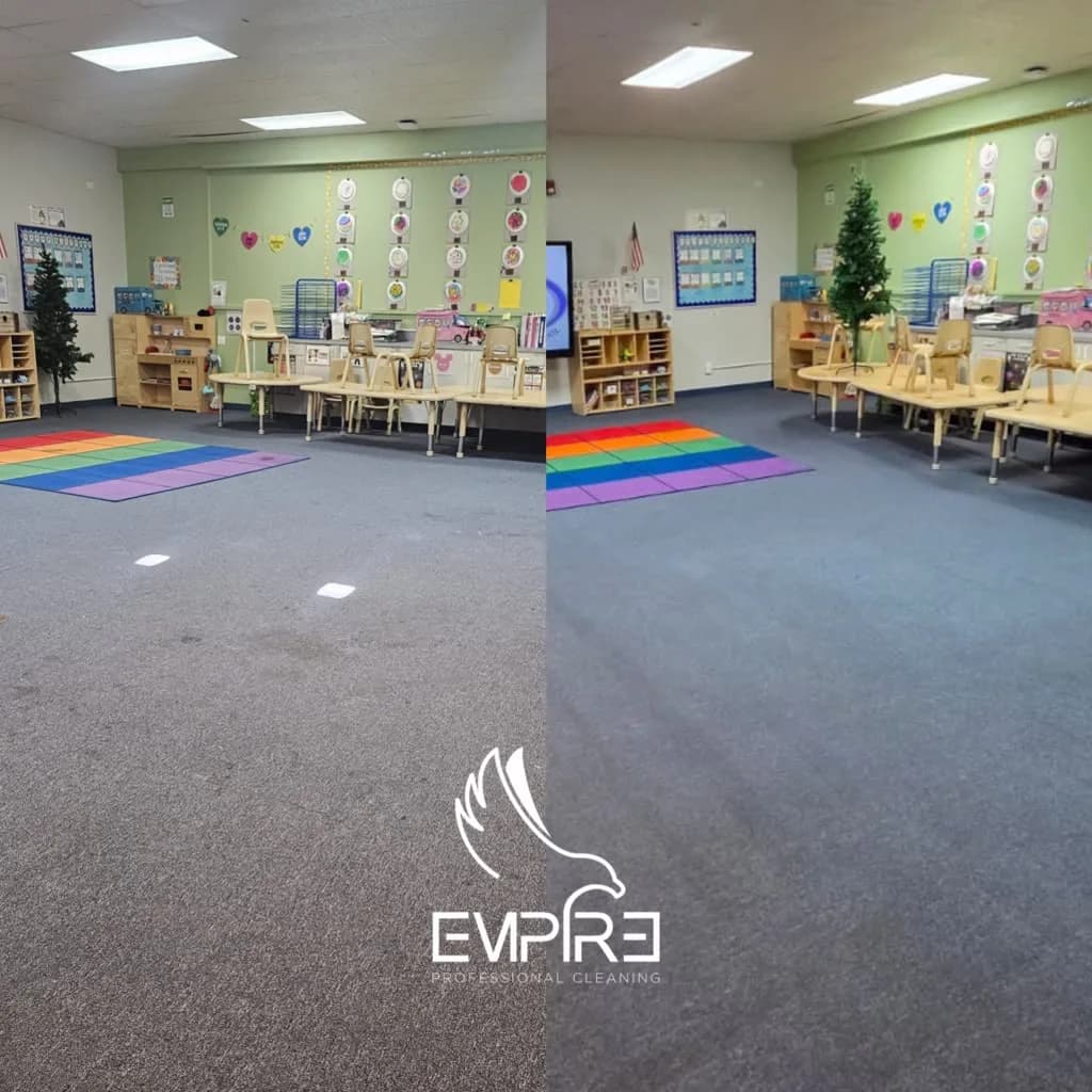 Before and after classroom carpet deep cleaning by Empire Clean
