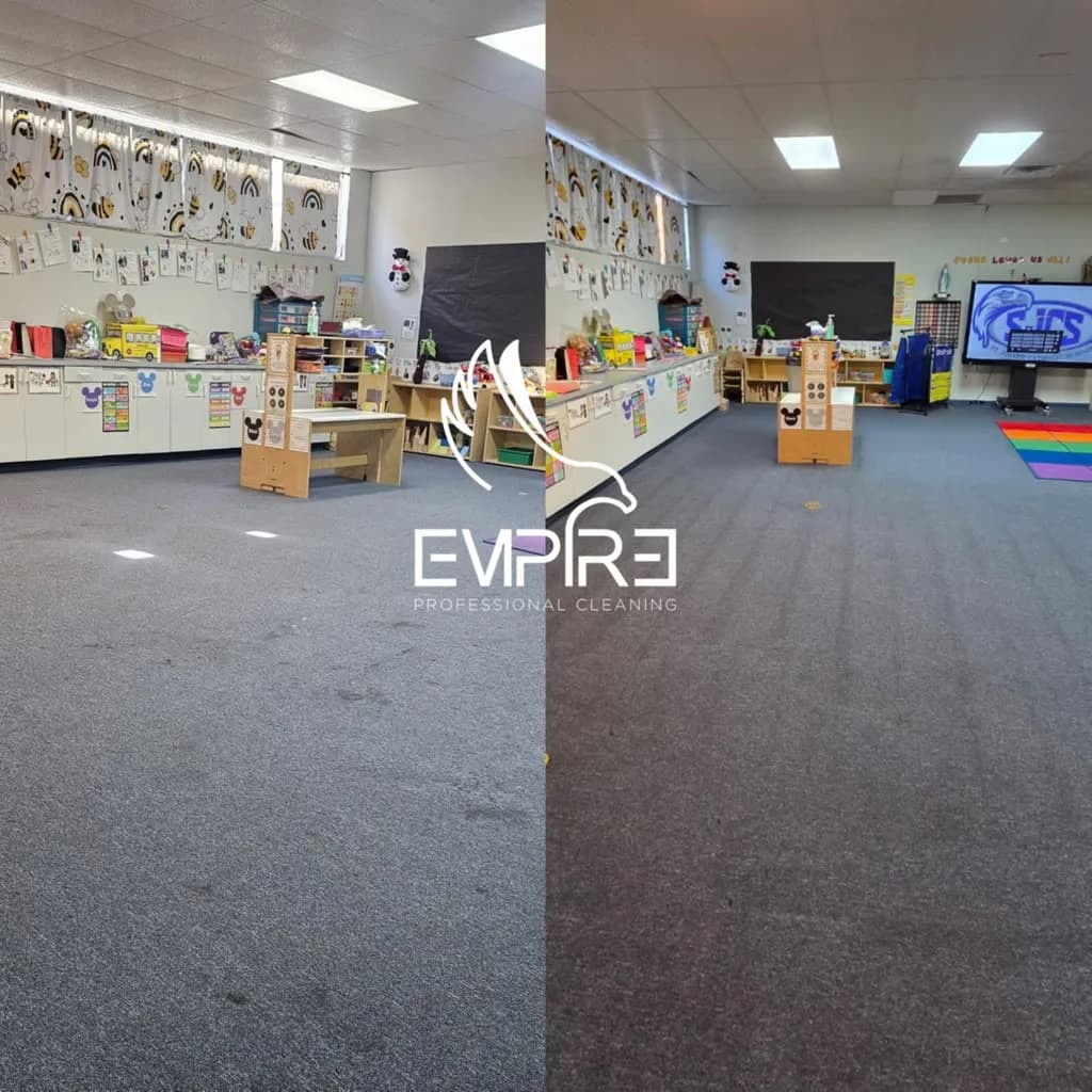Before and after classroom carpet hot water extraction by Empire Clean