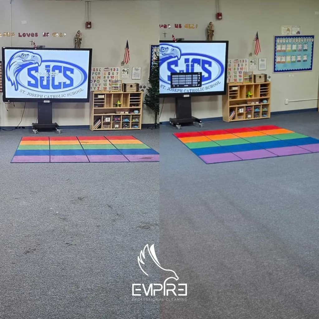 Before and after classroom rainbow rug cleaning by Empire Clean