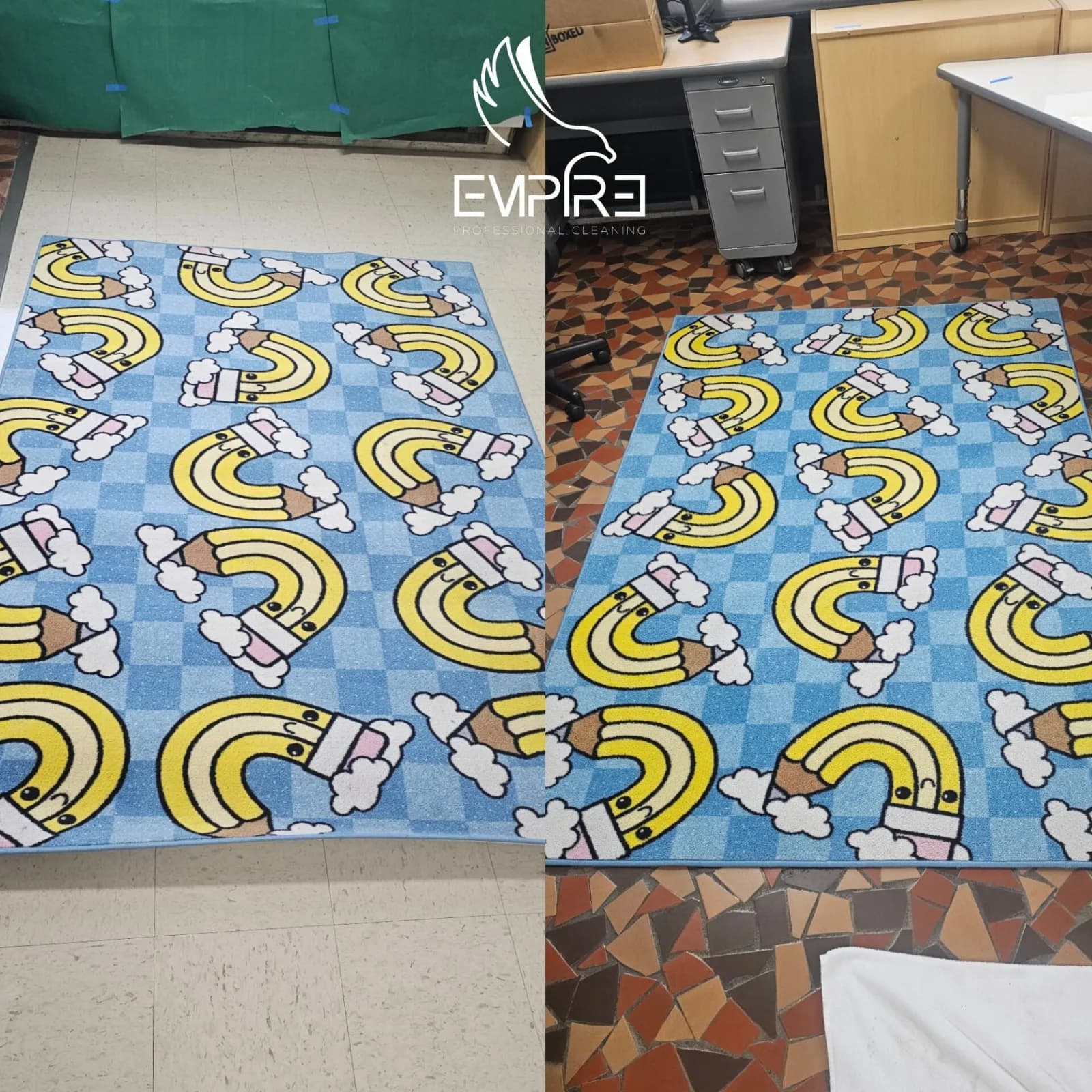 Before and after deep cleaning of a patterned classroom rug by Empire Clean