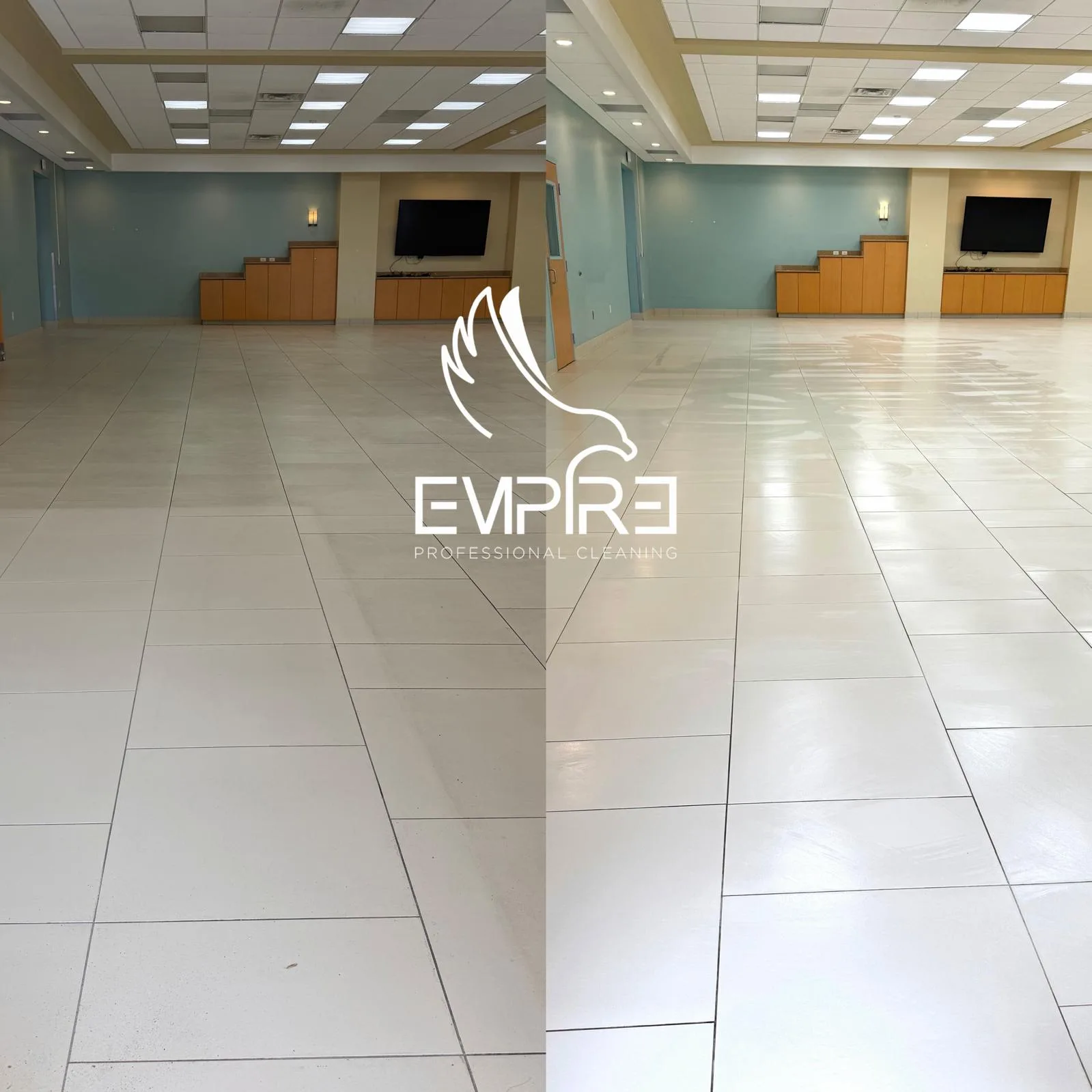 Before and after tile floor care in a school classroom