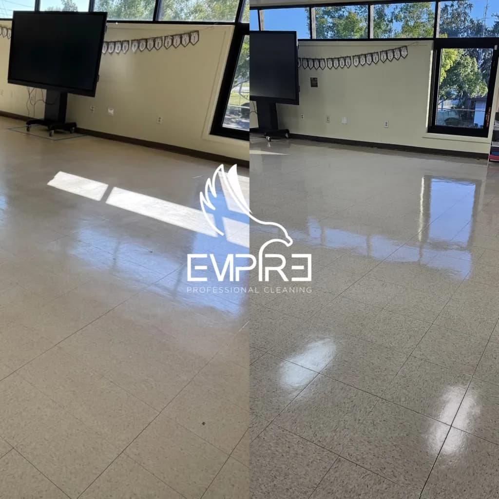 Before and after classroom VCT floor strip and wax by Empire Clean