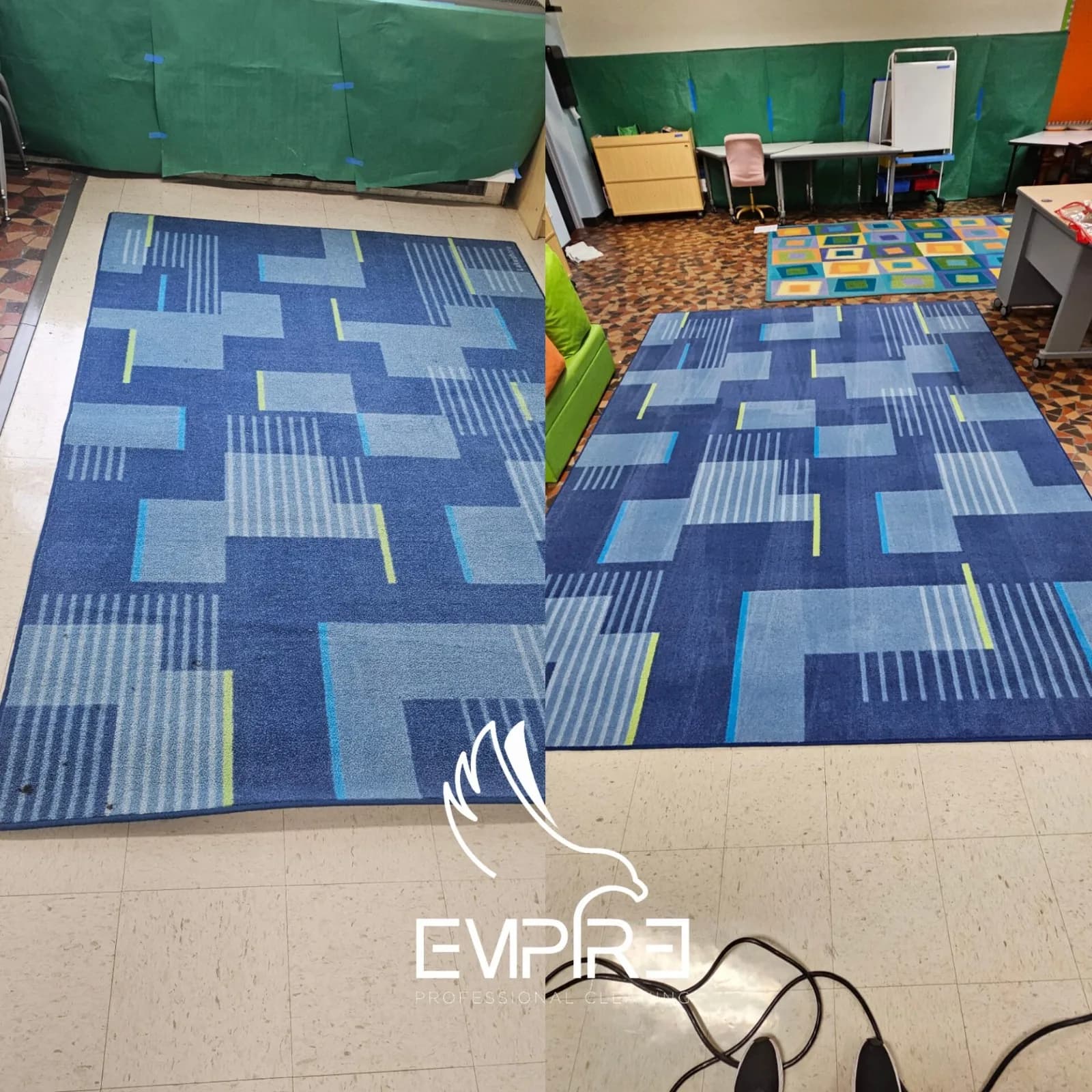 Before and after cleaning of commercial carpet tile in a classroom