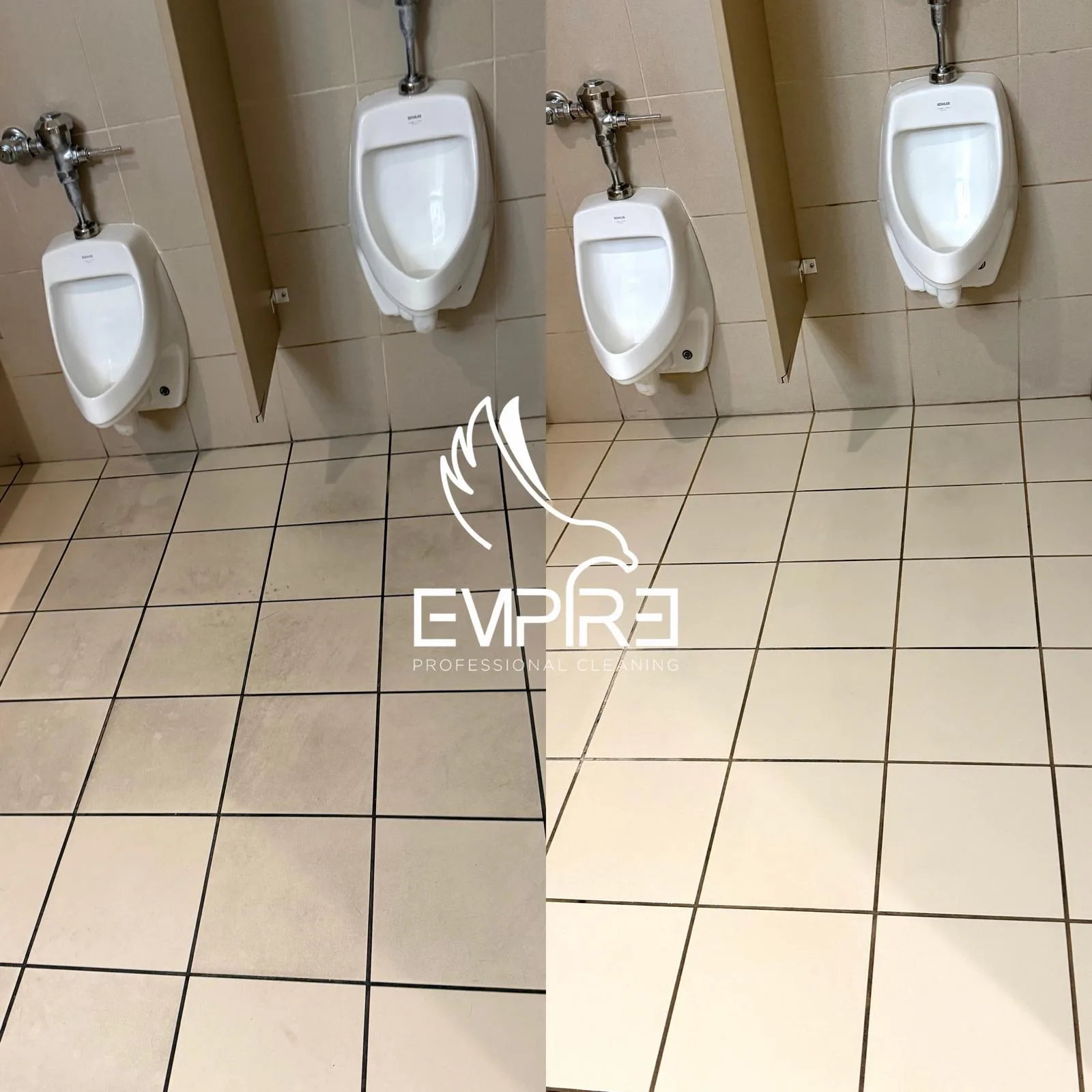 Before and after deep cleaning of a commercial restroom floor