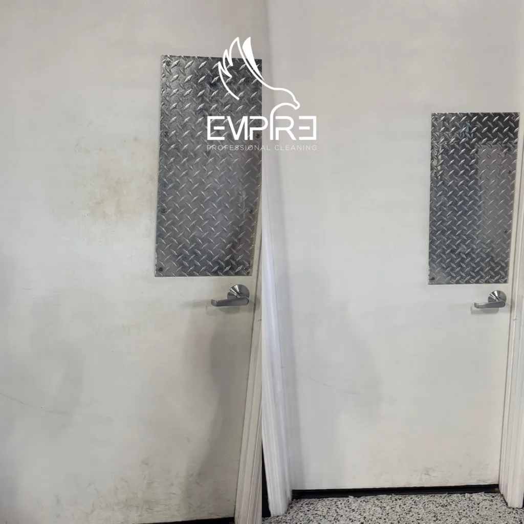 Before and after door push plate cleaning by Empire Clean