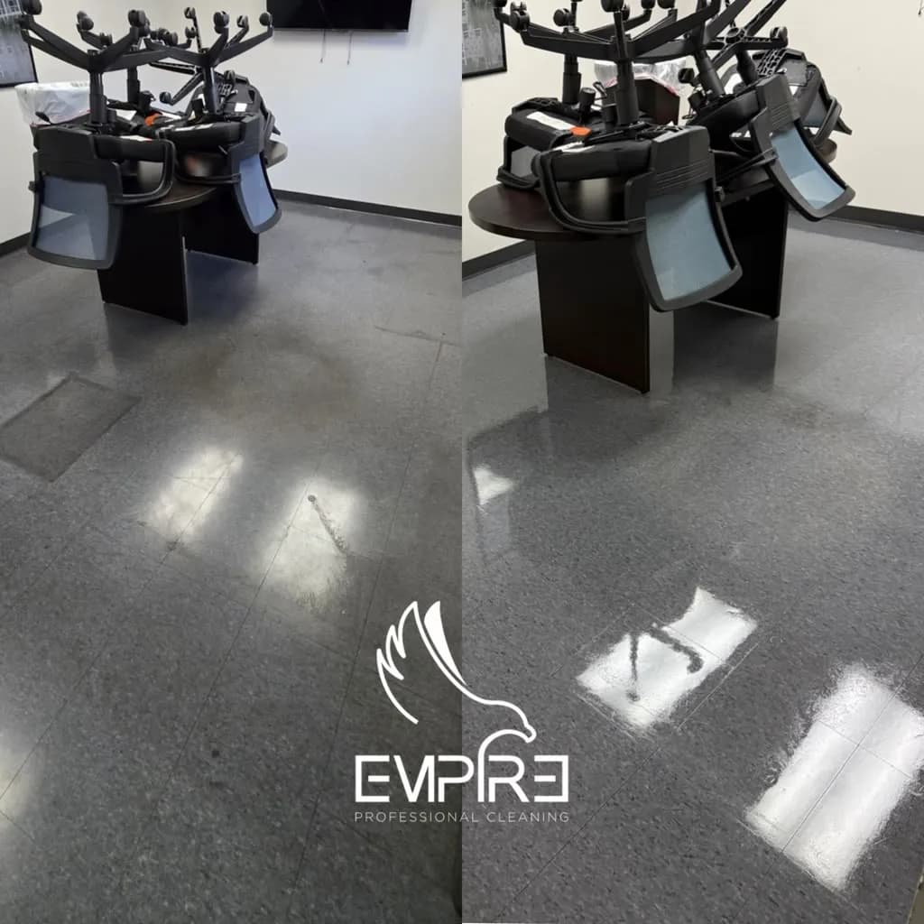 Before and after equipment room VCT floor strip and wax by Empire Clean