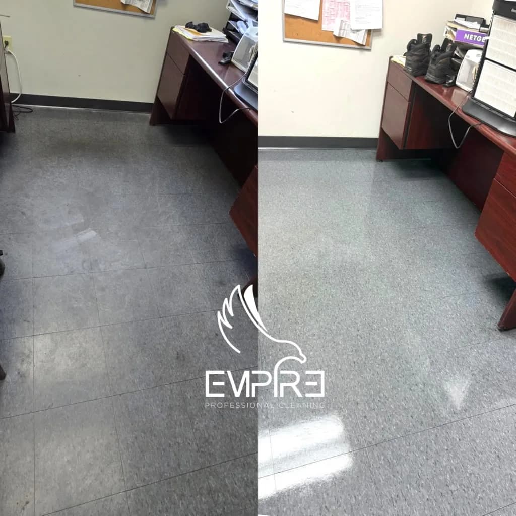 Before and after front office VCT floor strip and wax by Empire Clean