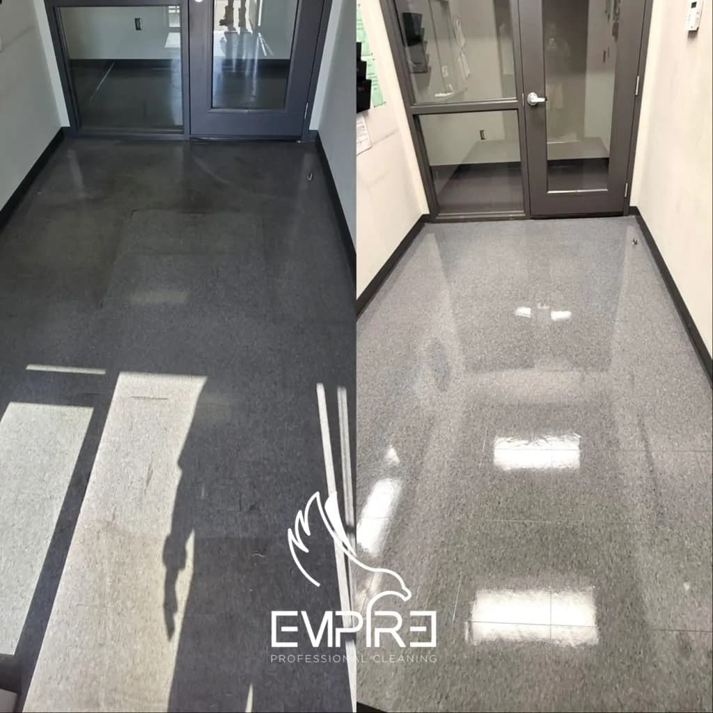 Before and after VCT floor strip and wax at a glass entrance by Empire