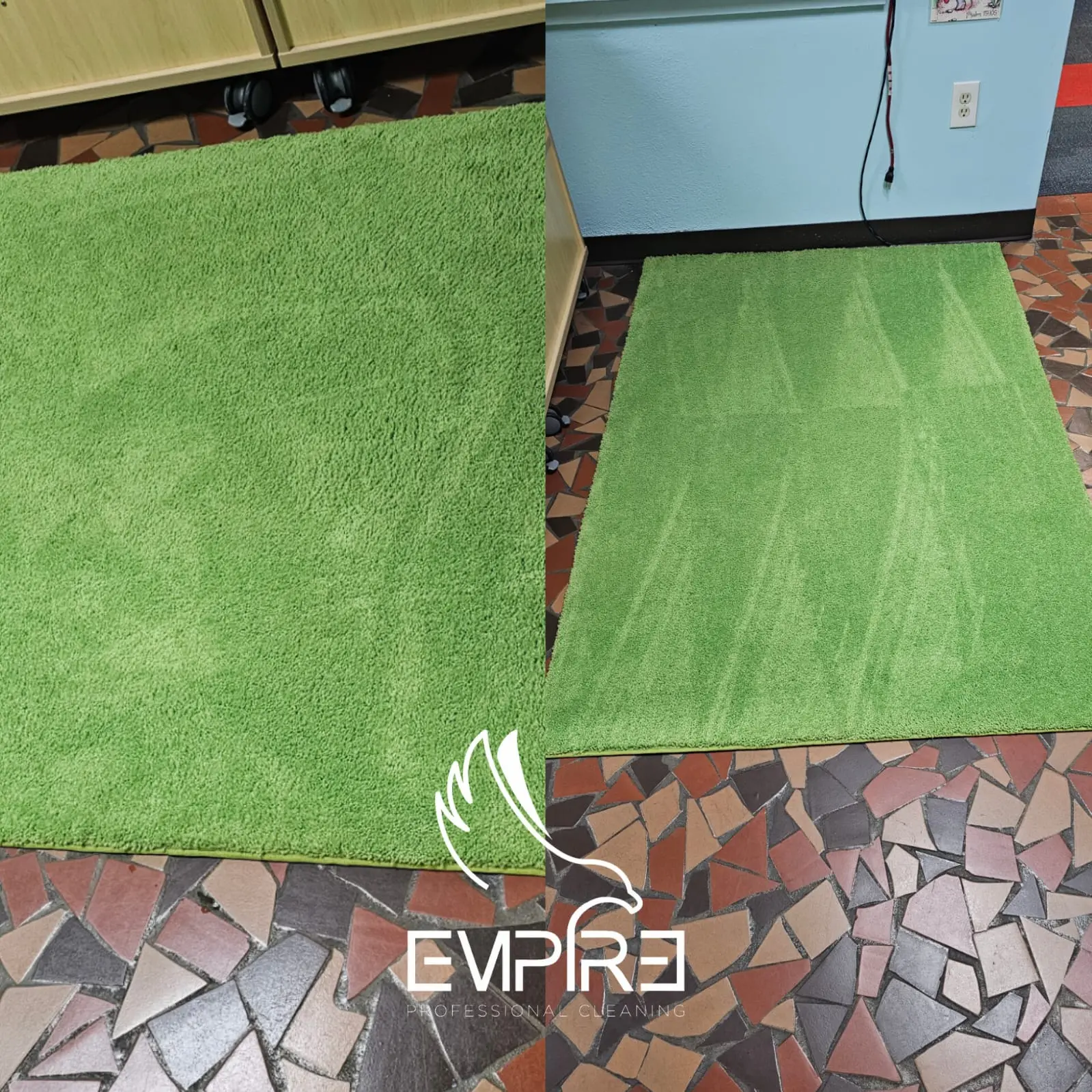 Before and after cleaning of a green school rug