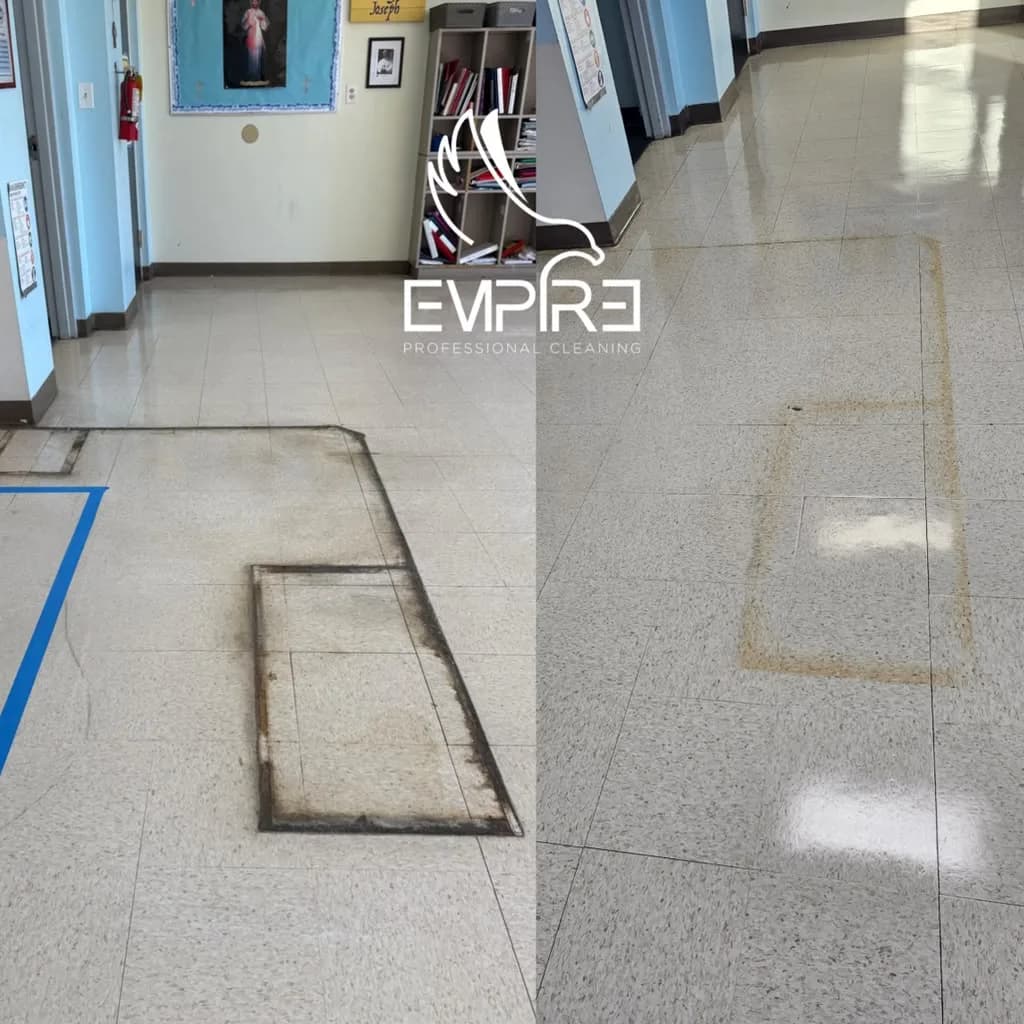 Before and after hallway tile floor scrubbing by Empire Clean