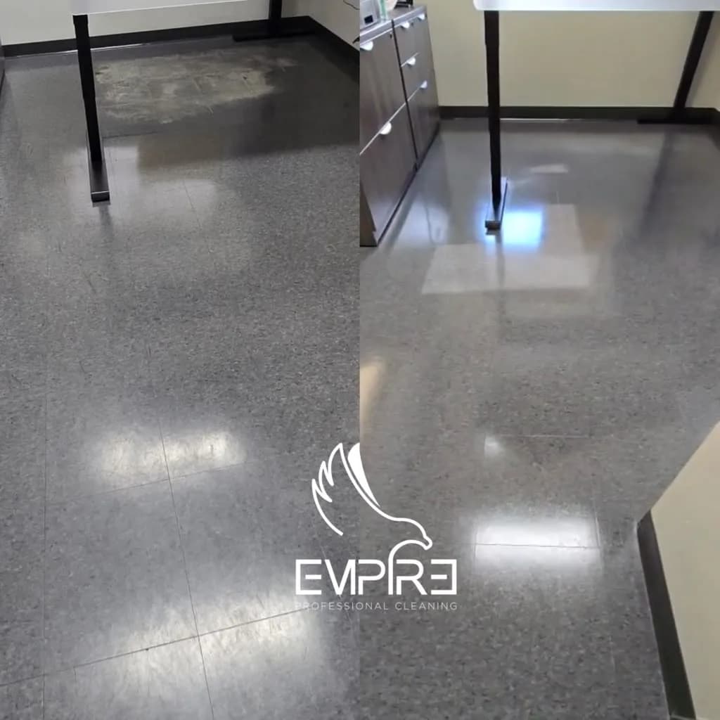 Before and after hallway VCT floor strip and wax by Empire