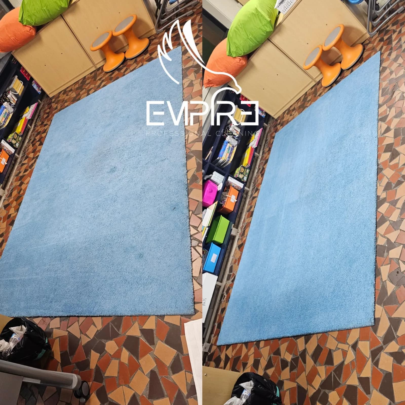 Before and after shampoo of a light blue school rug