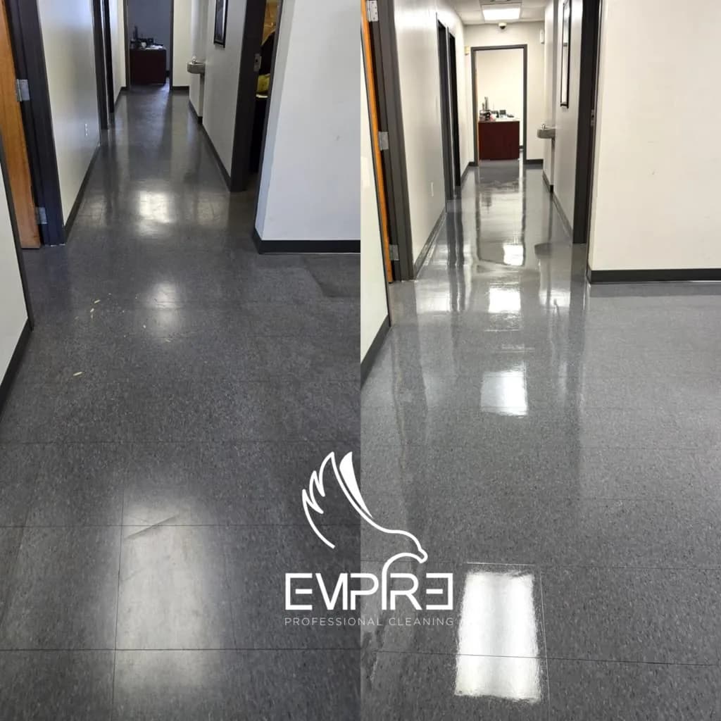 Before and after long corridor VCT floor strip and wax by Empire Clean