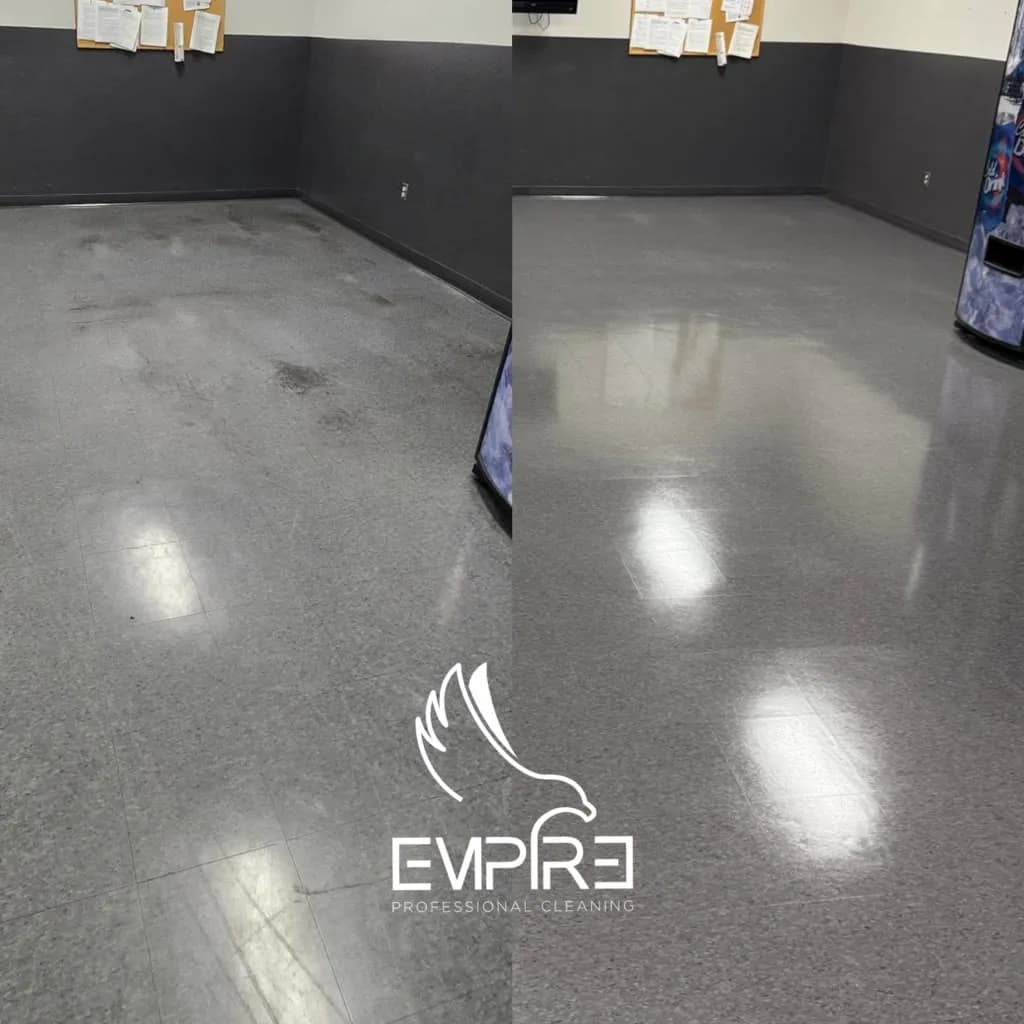 Before and after meeting room VCT floor strip and wax by Empire Clean