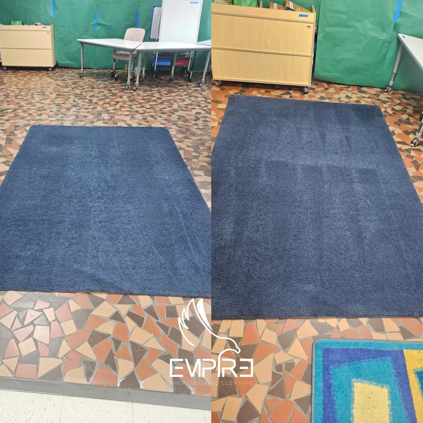 Before and after cleaning of a navy area rug in a school classroom