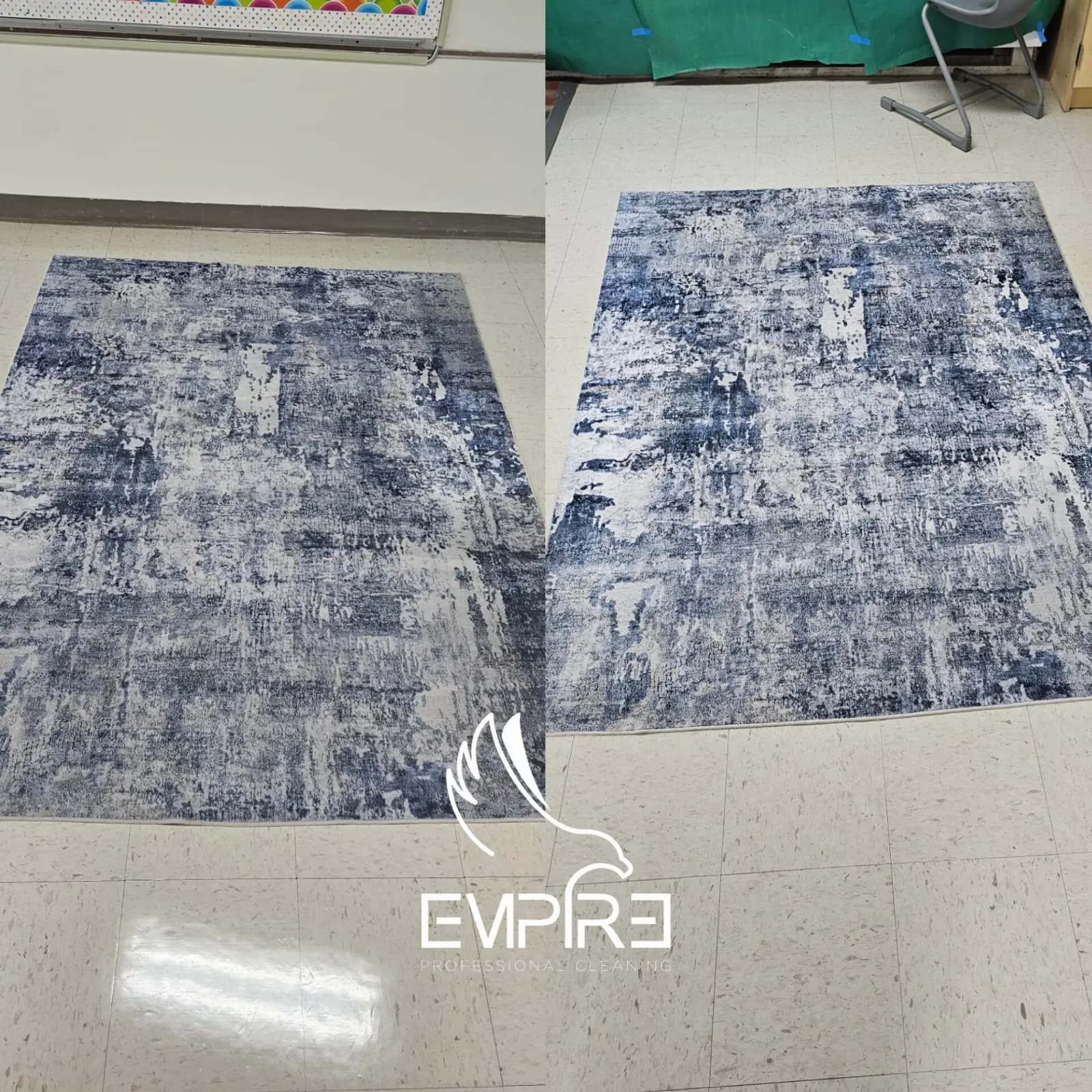 Before and after cleaning of an office area rug