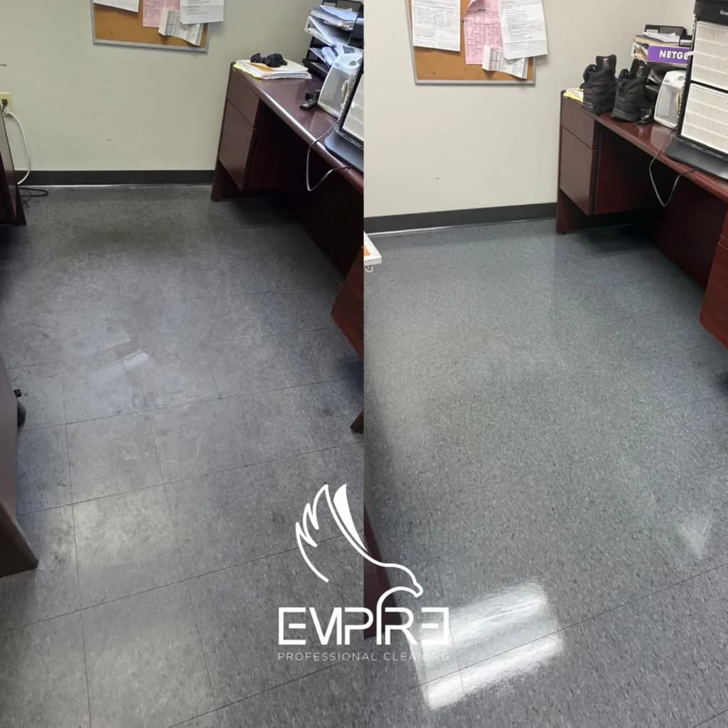 Before and after office VCT floor strip and wax by Empire Clean