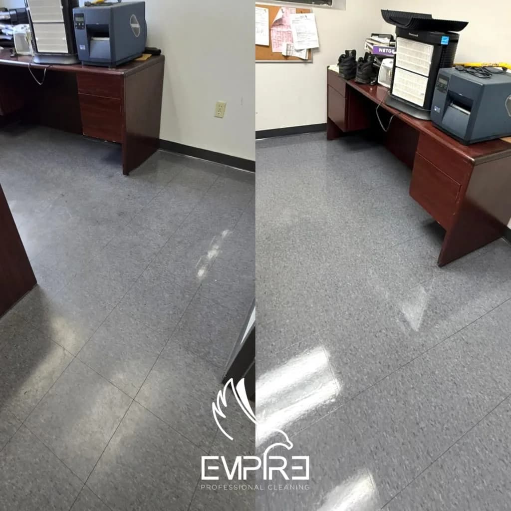Before and after office desk area VCT floor strip and wax by Empire Clean