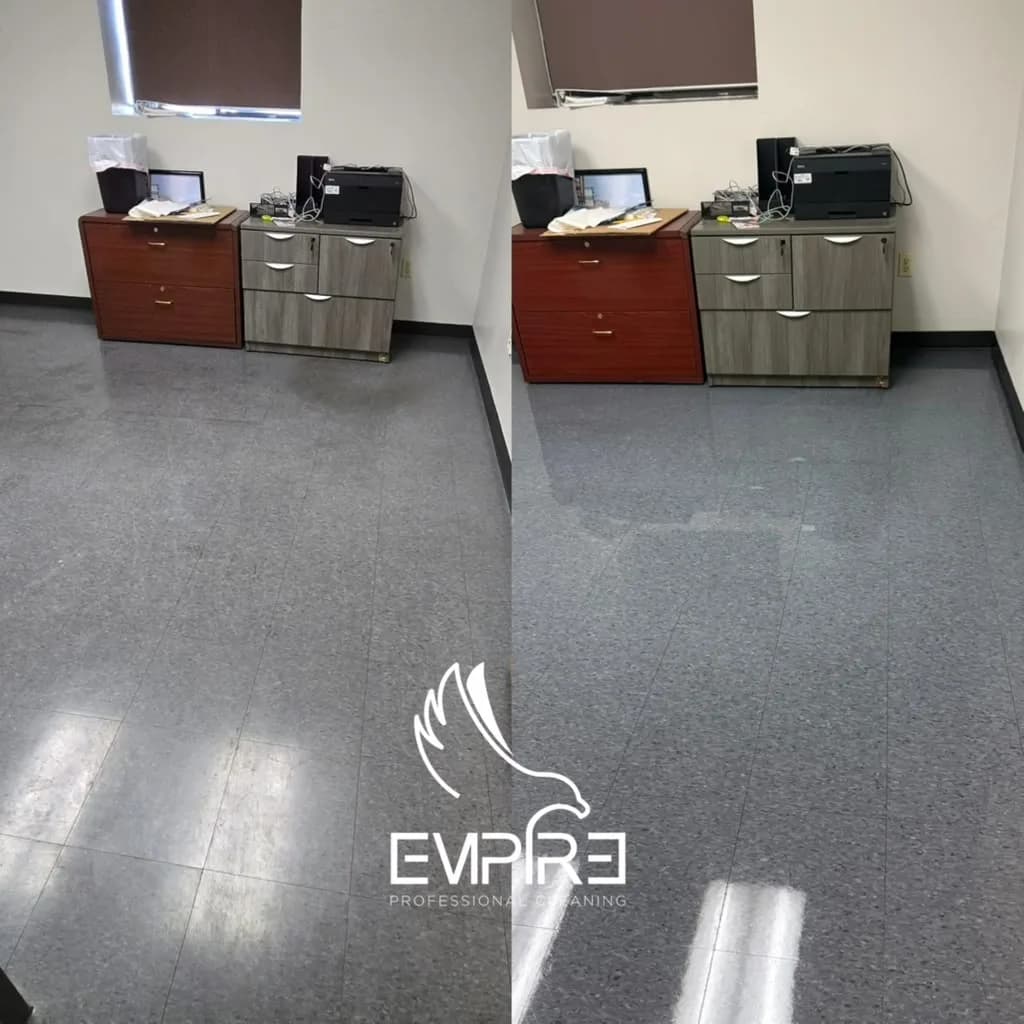 Before and after office file room VCT floor strip and wax by Empire Clean