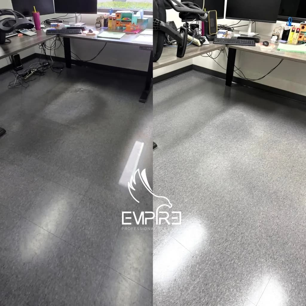 Before and after open office VCT floor strip and wax by Empire Clean