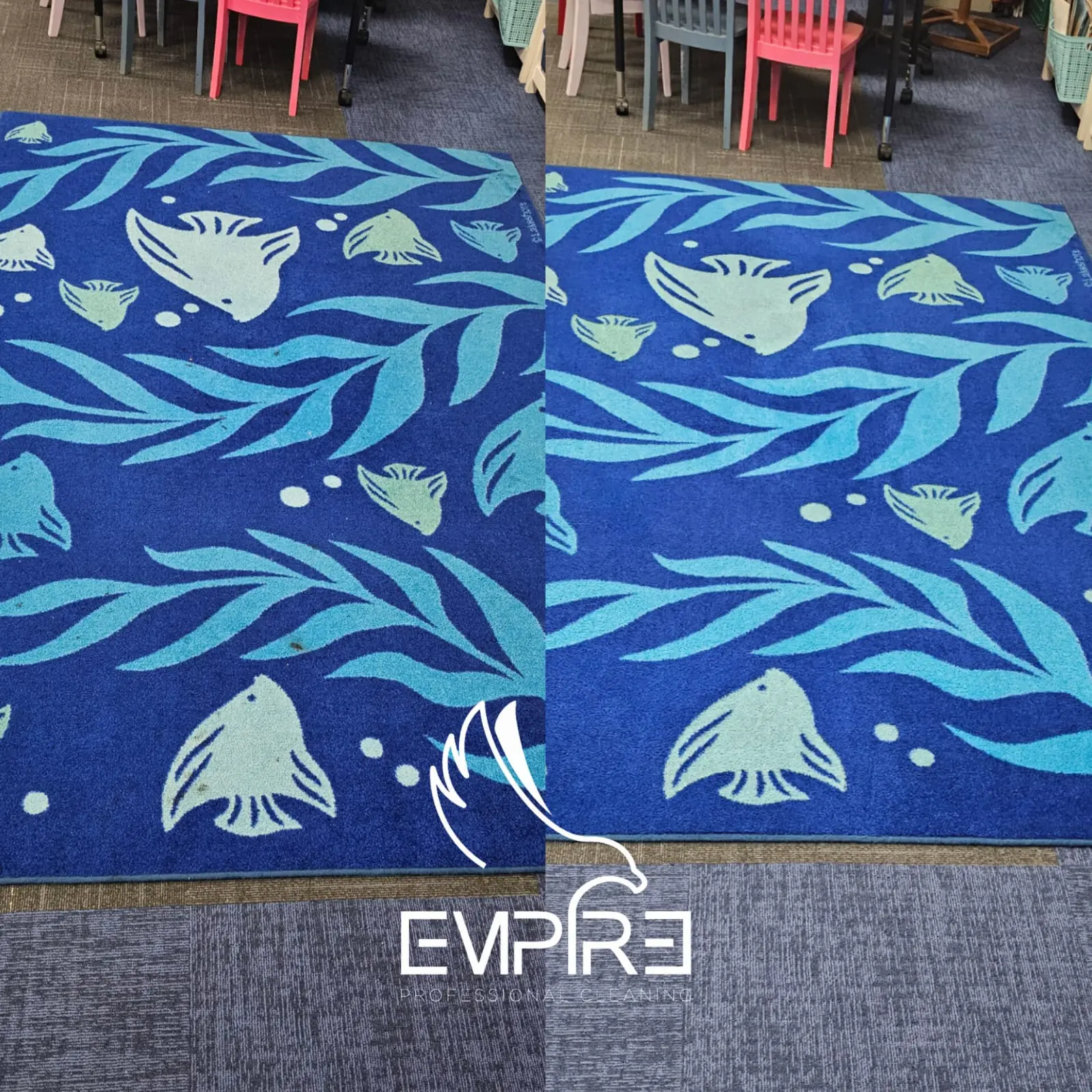 Before and after stain removal on a patterned rug
