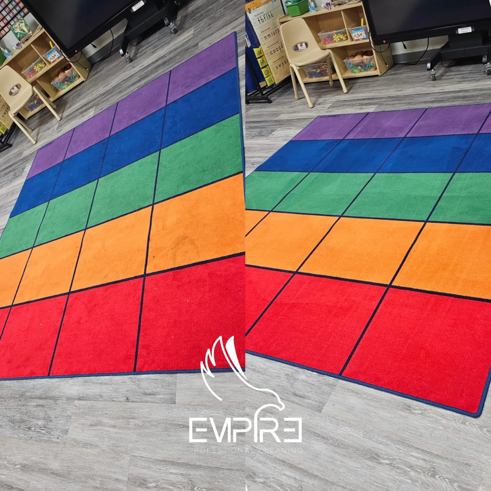 Before and after cleaning of a rainbow classroom carpet