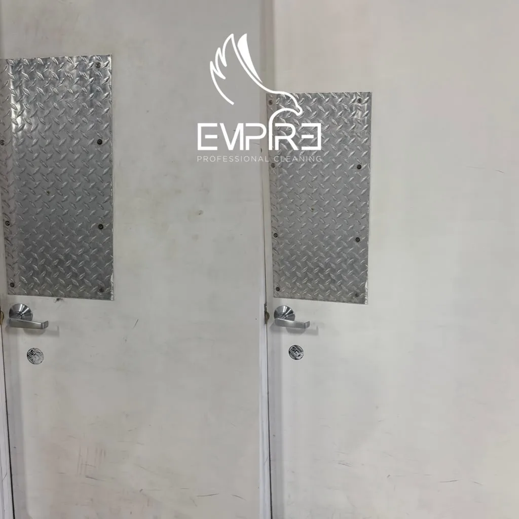 Before and after cleaning of a restroom stall door