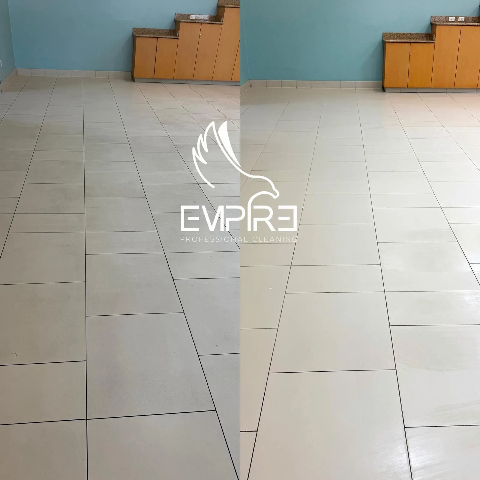 Before and after tile floor cleaning at a school