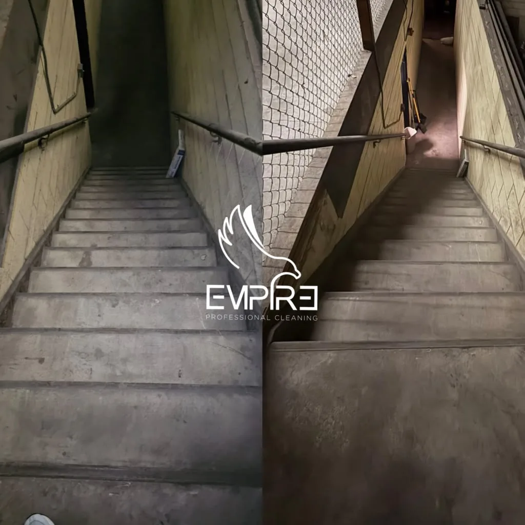 Before and after commercial stairwell deep cleaning by Empire