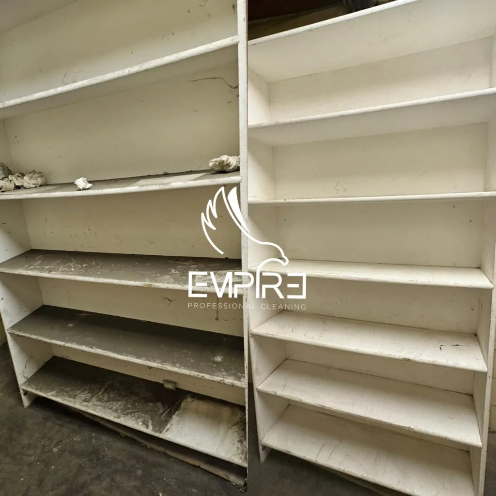 Before and after storage shelves deep cleaning by Empire Clean