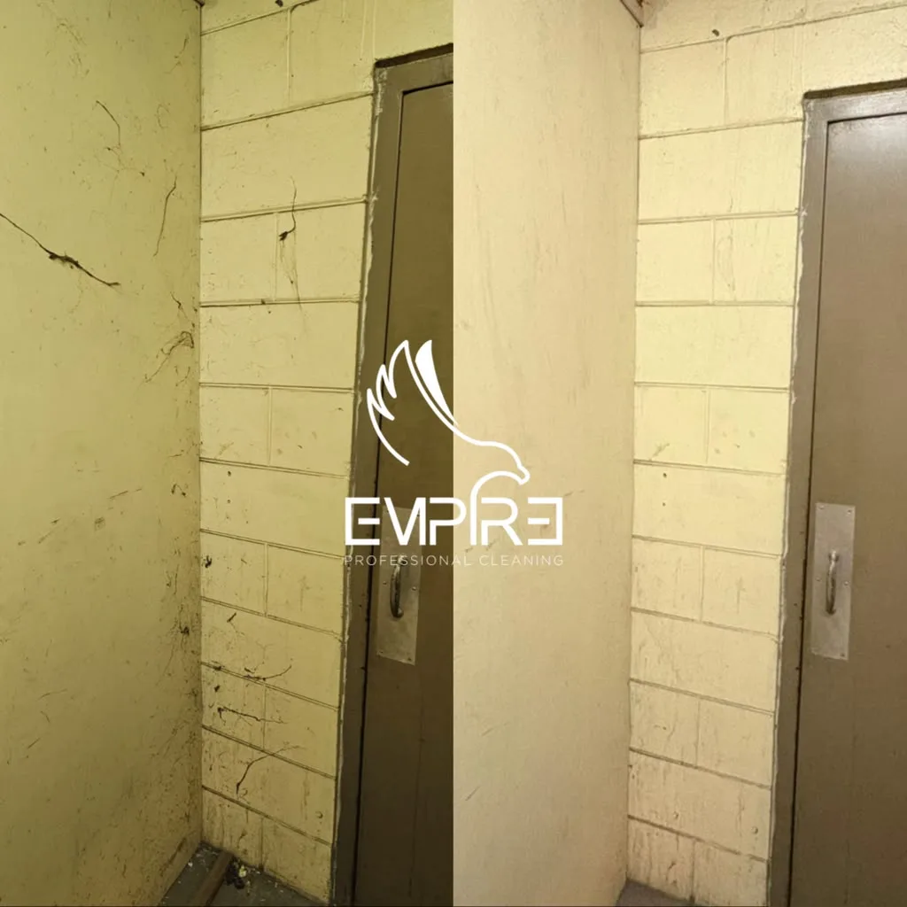 Before and after utility hallway wall cleaning by Empire Clean