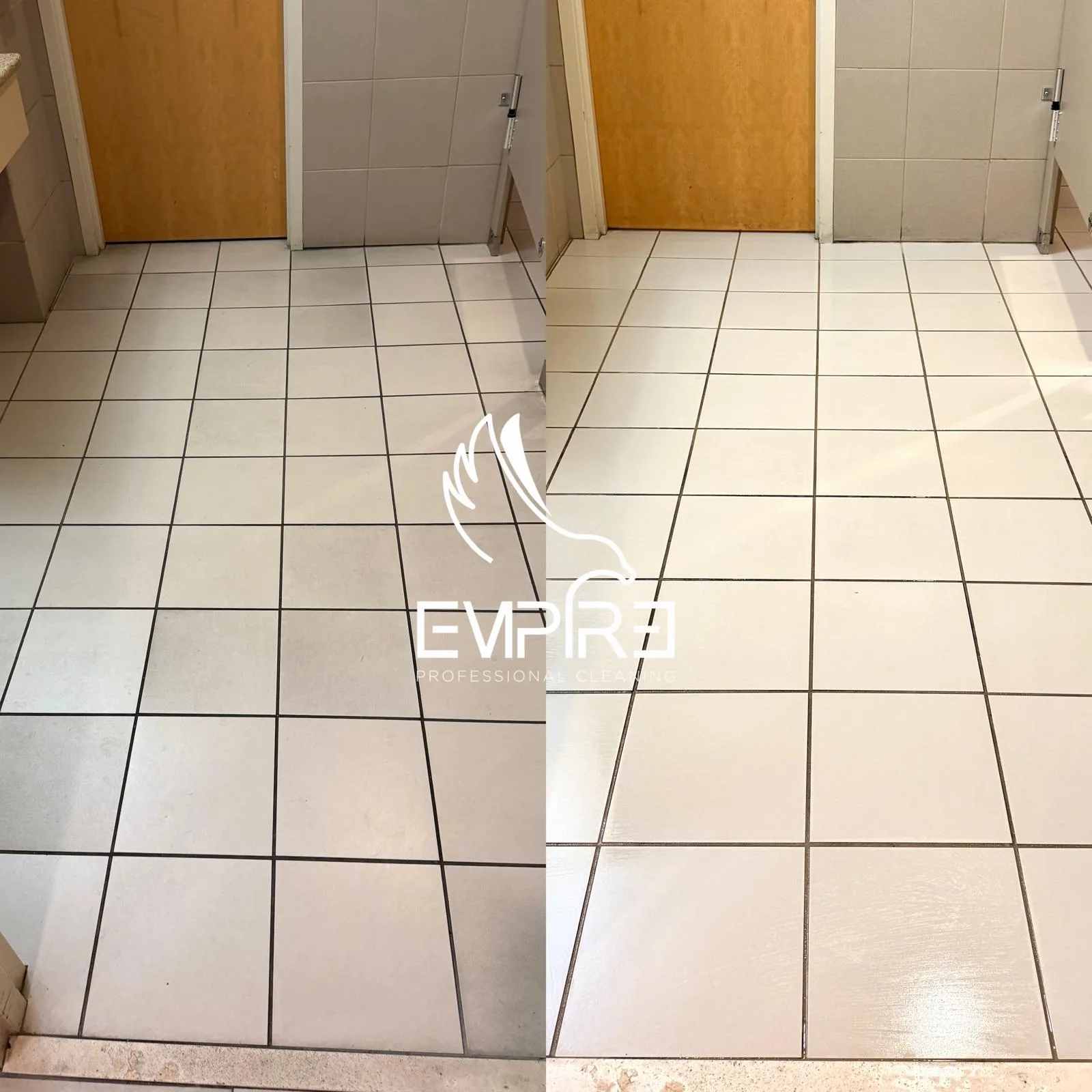 Before and after VCT floor scrubbing at a school